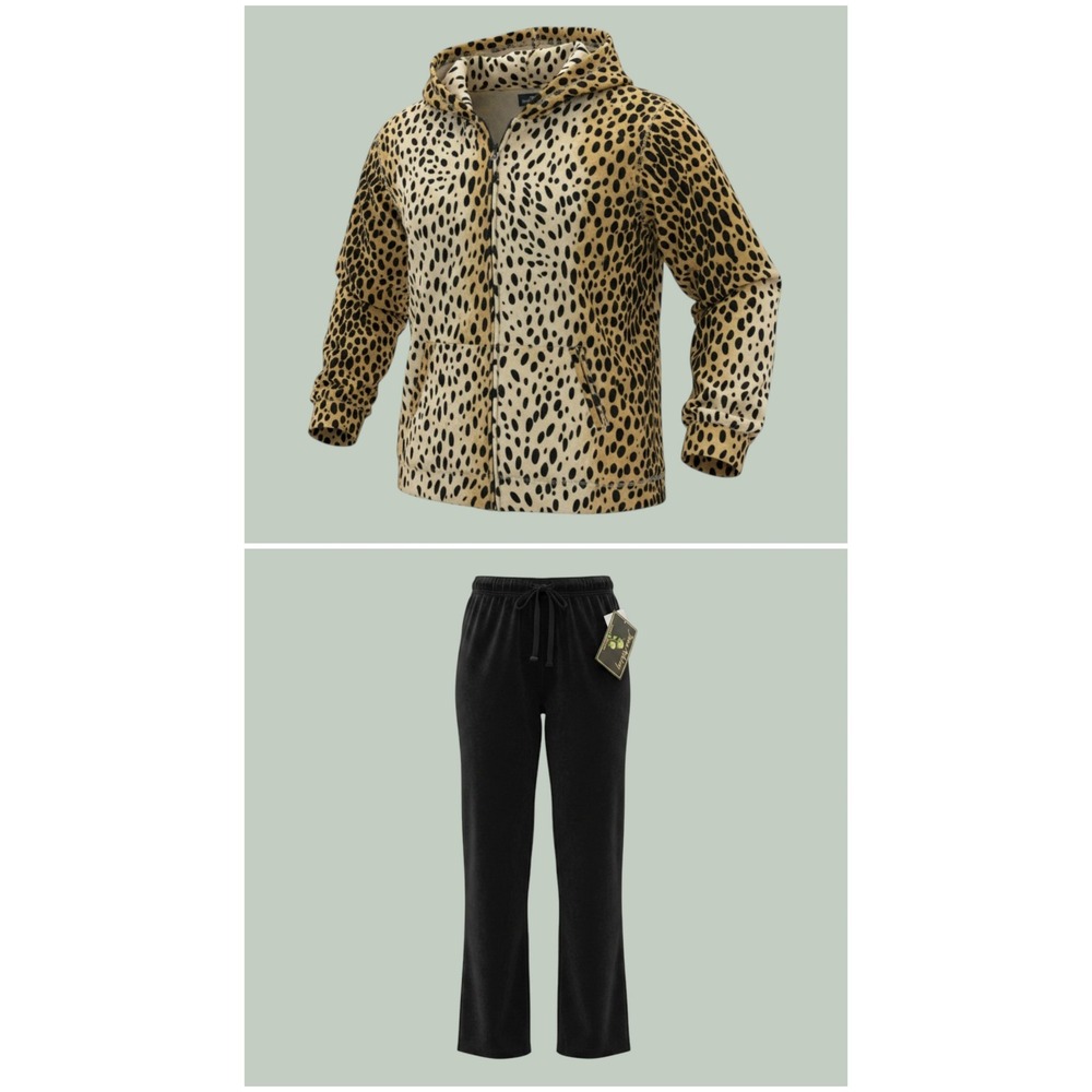 Jane Ashley Cheetah Print Loungewear Set L Black Tan Chic Y2K Full Zip Hoodie